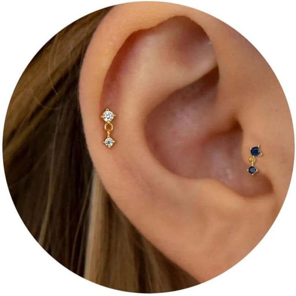 2 Pairs Tiny Birthstone Dangle CZ Earrings Gold Plated Copper Screw Back for Wom